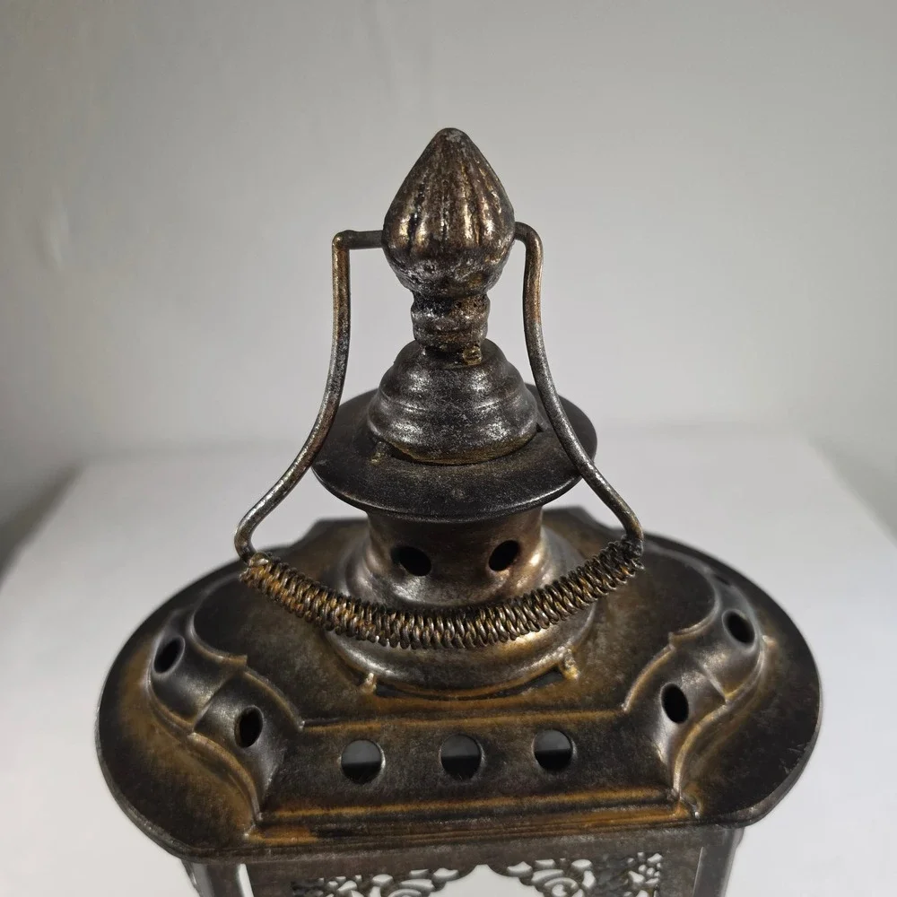Vintage Ornate Metal Glass Candle Lantern Distressed Bronze Gold Filigree Decor